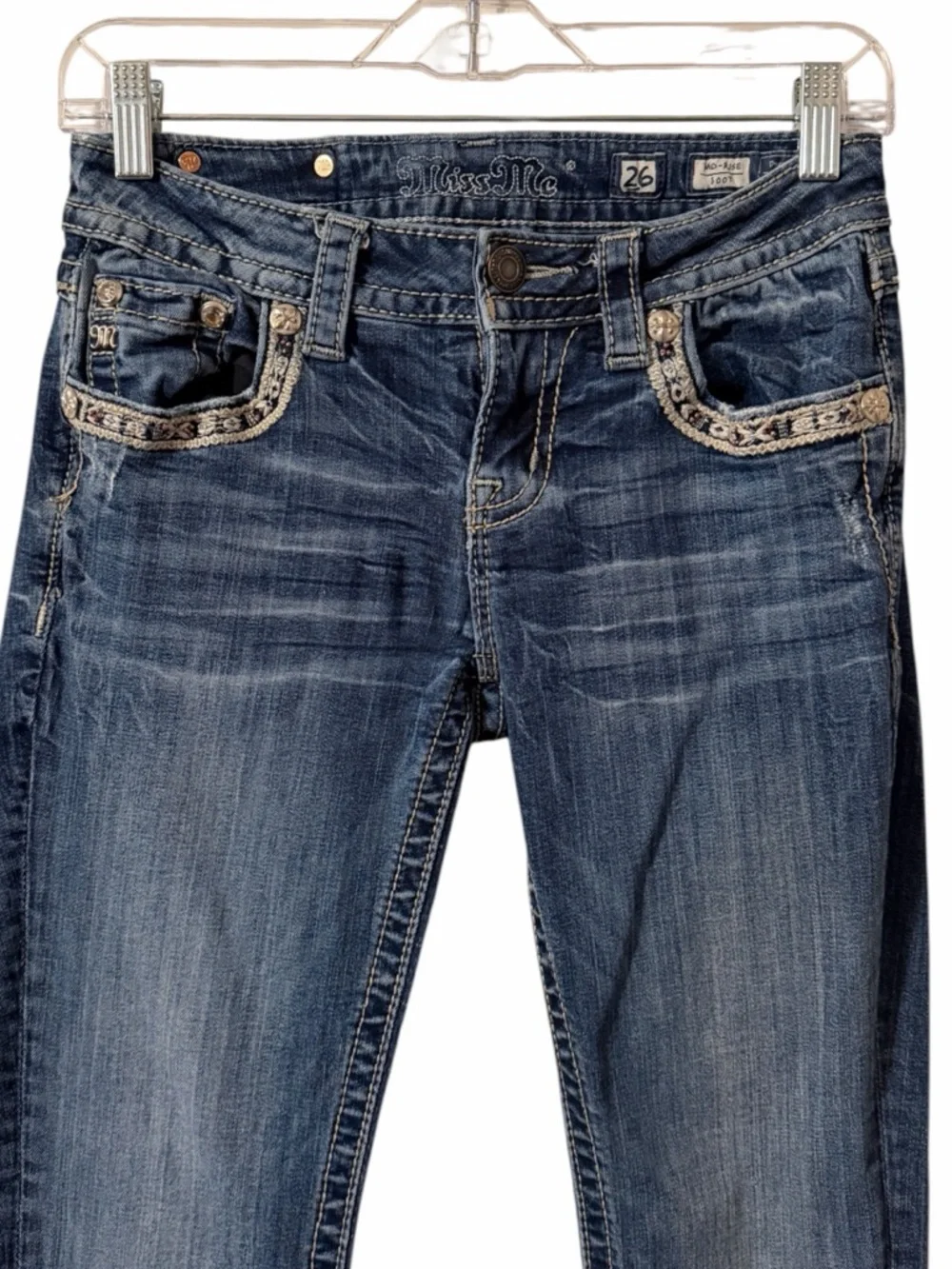 Miss Me Mid Rise Bootcut jeans embroidered metallic gold patch women’s 26 - Picture 2 of 16
